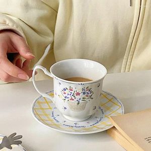 Cups Saucers Korean Style Vintage Gold Rim Flower Ceramic Western Dinner Plate Coffee Cup And Saucer Afternoon Tea Set