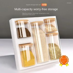 Storage Bottles 5PC Square Round Peach Wood Bamboo Cover Glass Sealed Tank Dry Fruit Coffee Beans Multi-grain Food Grade Container