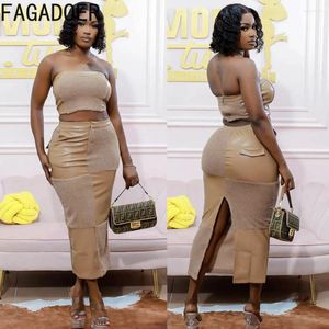 Work Dresses FAGADOER Y2k Brown Fur Leather Patchwork Two Piece Sets Tube Top Split Bodycon Long Skirts Fashion Clubwear 2024 Outfits