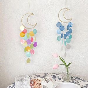 Estatuetas decorativas de cenário de vento shell moon lua feita à mão pendurada apanhador de sonho de sonho pingente jardim decoração de decoração de parede