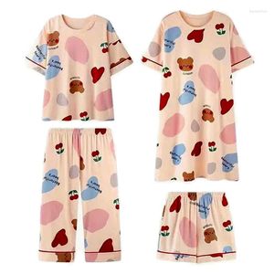 Ev Giyim Dört Parçalı Kadınlar | Pijama set kısa kollu gecelik bayan gündelik moda çiçek sevimli tatlı karikatür kız dışında ev kıyafeti