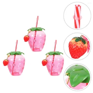 Disposable Cups Straws 3 Pcs Strawberry Cup Cold Beverage Water Portable Hawaii Themed Party Plastic Tumblers Kids Juice Glasses With Lid