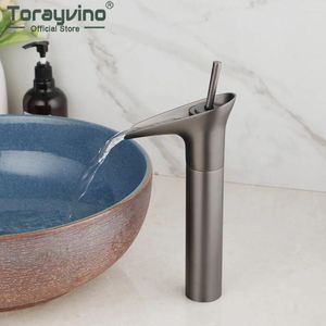 Badrumsvaskkranar Torayvino Gun Gray Ving Glass kran Vattenfall 1 Spak tvättbassäng Däck monterat blandare vatten kran