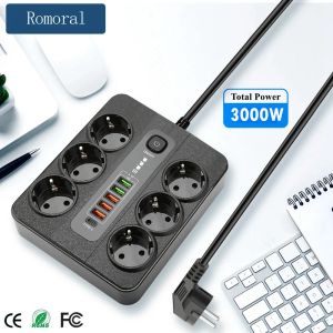 Equipamento 3000W Plug Plug Smart Power Strip Extension Cabine 6 pontos de venda AC Múltipla portas USB portas de carregamento de carregamento rápido soquete