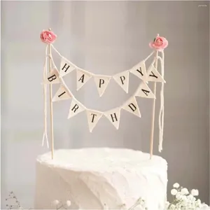 Party Supplies Happy Birthday Cake Bunting Topper Garland Handmade Pennant Flags With Wood Pole Ivory (With Pink Rose)