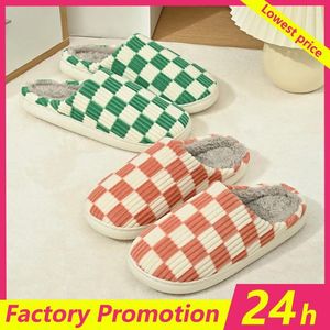 Slippers Plaid Contton Slipper Women Winter Warm Cute Cartoon Plush For Men Funny Indoor Fuzzy Floor Home Shoes 2024 Male Slides