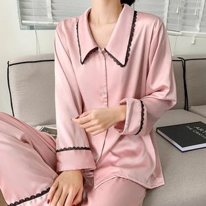 Kvinnors sömnkläder 2st pyjamas passar Kvinnor hemkläder sömn sätter avslappnad lång ärm intim underkläder satin båge hemkläder pyjamas