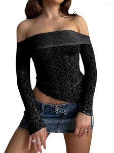 Women's T Shirts Kimydreama Women Off-Shoulder Lace Bodycon Cropped Tops Long Sleeve Floral Irregular Hem T-shirt Going Out Streetwear