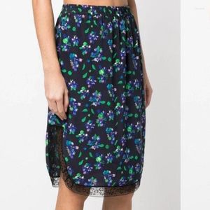 Skirts Women Romantic Blue And Purple Skull Fruit Print Sand Washed Silk Splicing Lace Trim Elastic Waist Skirt