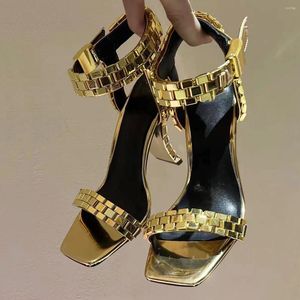 Sandals Straps High Heels Metal Styles Women Gold Watch Chain Stage Fancy Summer Dress Shoes