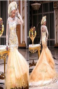 ASO EBI Se genom långa ärmar sjöjungfru Organza Beaded Appliques Yellow Plus Size Afric Prom Gowns 2016 Cut Out Party Gowns5150210