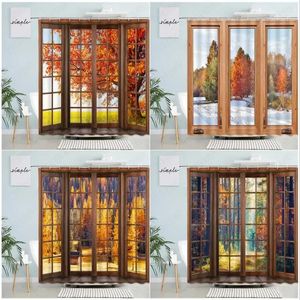 Shower Curtains Autumn Rural Landscape Brown Window Maple Trees Yellow Red Leaves Forest Scenery Bathroom Curtain Home Decor Set