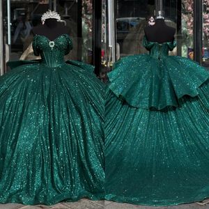 Ciemnozielony brokat Księżniczka Quinceanera Sukienki balowe z ramion brokatek cekiny diament