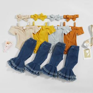 Giyim Setleri Doğdu Bebek Kız Giysileri Yaz 3pcs Kıyafet Seti Kısa Kollu Şeritli Romper Denim Parlamış Pantolon Head Band Bebek