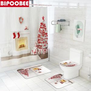 Duschvorhänge weißer Kamin Weihnachtsbaumfeier Festival Dekor 180x180 cm Vorhang Bad Matte Set Toilettenabdeckung Podest Nicht-Schlupfteppich