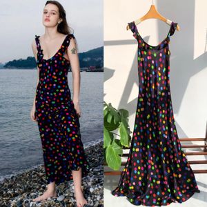 Colorful Polka Dots French Printed Diagonal Cut Silk Small Flying Sleeves Large Hem Dress Elegant Suspender Long 240329