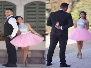 2019 Pink Short Prom Dresses Homecoming HomeComing Grows Shiny exclisted Top Tulle Cocktail Party Dress Vrict High Neck Indian Lovely8636195