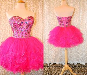 Wonderful Sweetheart Crystals Pink Puffy Tulle Ball Gown Short Homecoming Colorful Rhinestones Cocktail Prom Graduation Dresse5084880