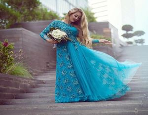 Turquoise Long Sleeve Bridal Evening Dresses Sparkly Beading Tulle Lace Crew Neck 2019 Plus Size Mother of the Bride Dress Arabic 7239146