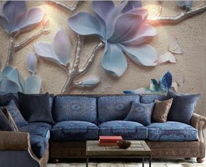 Bakgrundsbilder CJSIR SILK MATERIAL 3D Bakgrund Relief Blue Magnolia Blooming Bird Wall Mural Decorative Painting Decor