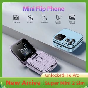 Låst upp i16 Pro Mini Fold Mobiltelefon 2G GSM Dual Sim Card Speed ​​Dial Video Player Magic Voice 3.5mm Jack FM Liten Flip Cellphone