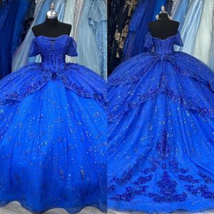 Royal Blue Princess Quinceanera Dresses Tiered Prom Ball Gown Off Shoulder Glitter paljetter Vestido de Quinceanera Backless 15 Masquerade Dress