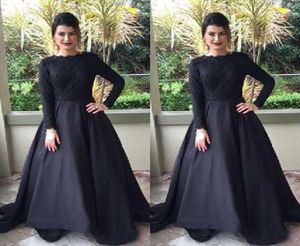 Modest Muslim Evening Dress Black Bateau Neck Long Sleeve Lace Top Prom Party Gowns Cheap High Quality Formal Wear with Sweep Trai5512220
