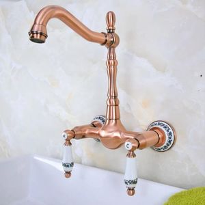 Bathroom Sink Faucets Antique Red Copper Brass Kitchen Faucet Mixer Tap Swivel Spout Wall Mounted Dual Ceramic Levers & Base Mnf953