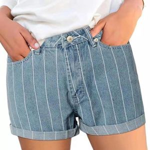 Frauen Jeans 2024 Hosen lässig gestreifte Denim Shorts mit Taschen Cool Street lässig gestreift