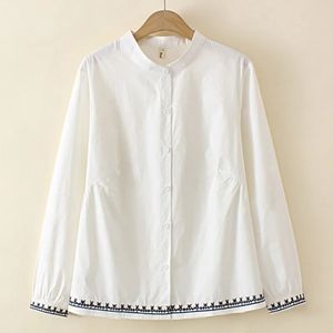 4XL Plus Size Shirt Women Spring Stand Collar Cotton Tops Loose Long Sleeve Hem Embroidery Blouses Curve Clothes 240403