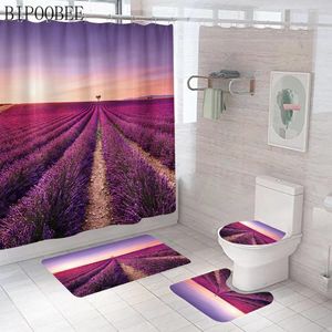 Duschgardiner Lavendel Flower Sea Badrumstillbehör 3D Gardin Set Badmattor Mattor Toalettstol Täckning utan halkhalt Heminredning