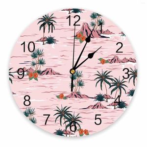 Wall Clocks Plant Pink Palm Tree Beach Summer Flowers Decorative Round Clock Custom Design Non Ticking Silent Bedrooms Large