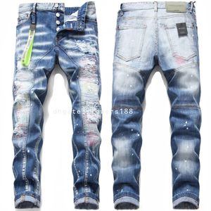 Zweite quadratische rote Herren Jeans neue Männer Röhren-Röhren-Jeans Ripped Patch Stretch Blue Slim Mid-Taist Stitching Beggar Hosen