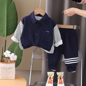 Clothing Sets 2024 Baby Spring Clothes Korean Children's Suit For Boy Striped Patchwork Turn-down Collar Shirts Pants Kids Boys Outfits