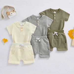 Clothing Sets 0-12M Born Baby Summer For Boys Solid Waffle Button Short Sleeve Bodysuits High Waist Shorts Kid Casual Outfits