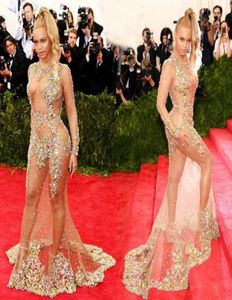 Glamorous Beauty Beyonce Celebrtiy Dresses 2017 Stylish Sheer Beaded Nude Naked Mermaid Evening Dresses Sexy Long Sleeve Red Carpe4112996