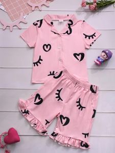 Home Clothing 2pcs Girls Cozy Summer Fashion Pajamas Cute Cartoon Pattern Short Sleeve Lapel Button Down Cardigan Top & Matching Ruffled