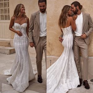 Milla nova denizkızı gelinlik için gelinlik spagetti dantel inciler gelinlik gelinlikler arka elbise sırtsız boho tasarımcı robe de mariage