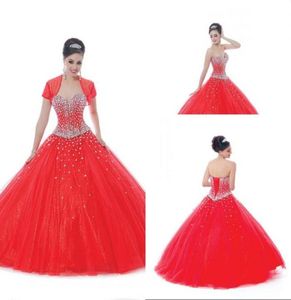 Bollklänning älskling golvlängd röd tyll kristall 15 år flickor quinceanera klänning med kort ärm kristall prom klänningar4500410