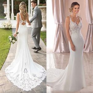 Beach Wedding Dresses Bridal Gown Spaghetti Straps Mermaid Lace Applique Sweep Train Backless Custom Made Vestido de novia