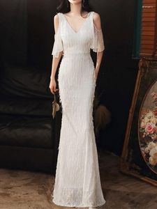 Party Dresses White Simple Tassels Elegant Evening Slim Fit V-Neck Shoulder Strapless Formal Dress V-Back Trumpet Wedding Robe