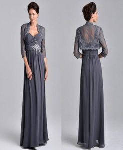 Motherning Mother039 Abiti in perline Chiffon A Line Abiti da sera Lunghezza con giacca in pizzo Grey Madre della sposa Groom 2039263