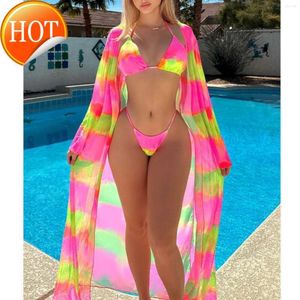 2024 Ny modedesigner Wholesale Womens badkläder sexiga kvinnor 3pack med kimono kvinnor tropiska tryck bikini baddräkt strand täcker halter set strandkläder