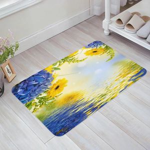 Carpets Blue Hydrangea Flowers Chrysanthemum Ripple Bedroom Floor Mat Home Entrance Doormat Kitchen Bathroom Decor Carpet Anti-Slip Rug