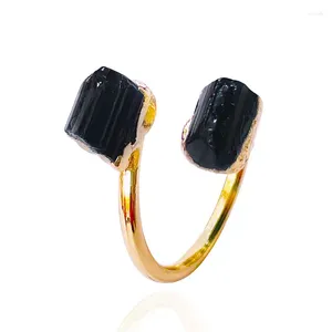 Обручальные кольца Золотой цвет нерегулярное черное турмалиновое кольцо для женщины Мужчины натуральный камень Кристалл сырой лечение регулируемое пальцем x207
