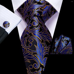 Bow Ties Hi-Tie Luxury Navy Blue Gold Floral Slips med Hanky ​​Cufflinks Business Tie för män Fashion Designer Party Wedding