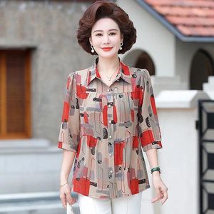 Kvinnors blusar Spring Summer Women Chiffon Shirts Temperament Elegant Polo-Neck Half Sleeve Print Bloouses Ladies Tops Blusas