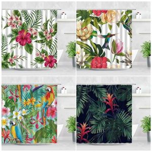 Cortinas de chuveiro Planta tropical Folhas Flores Flores Pássaro Parrot Palma verde folhas estamparas de tecido impermeável decoração de cortina de banheiro conjunto de cortinas