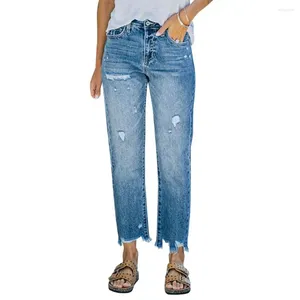 Frauen Jeans Frauen gerissen mit Patch Taschen Reißverschluss Placket Vintage hohe Taille Herbst Straight Denim Hosen weibliche Streetwear