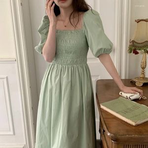 Party Dresses Summer Puff Sleeve Solid Simple Casual Dress Women Square Collar A-Line Holiday Korean Elegant Green Black Sweet Sweet Sweet